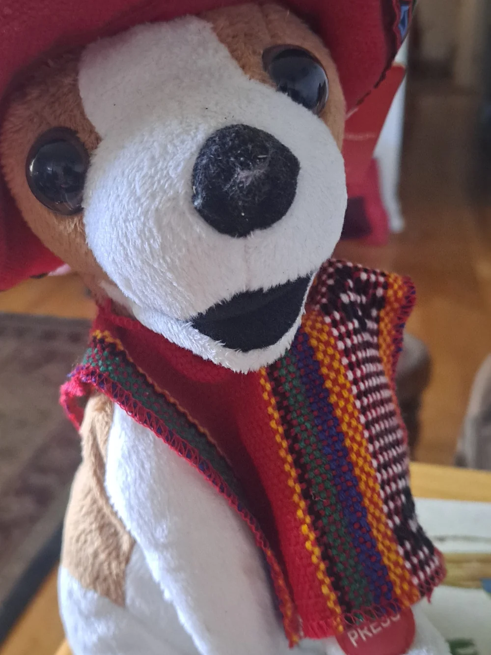 Plush Dog Toy with Red Woven Vest - Soft White & Tan Pup